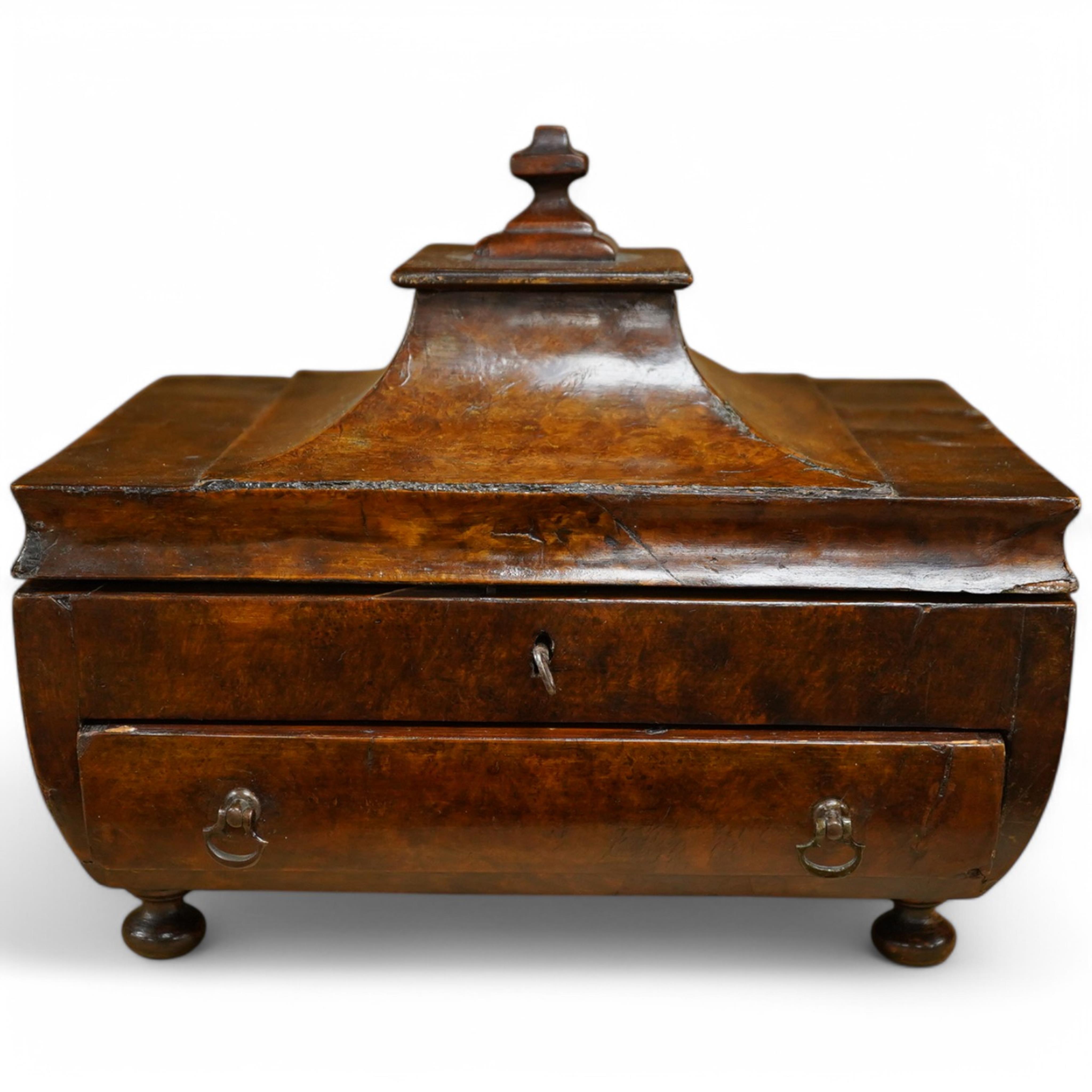 A Victorian burr walnut pagoda’ shaped sewing box incorporating a folding writing slope, 28cm wide. Condition - poor to fair